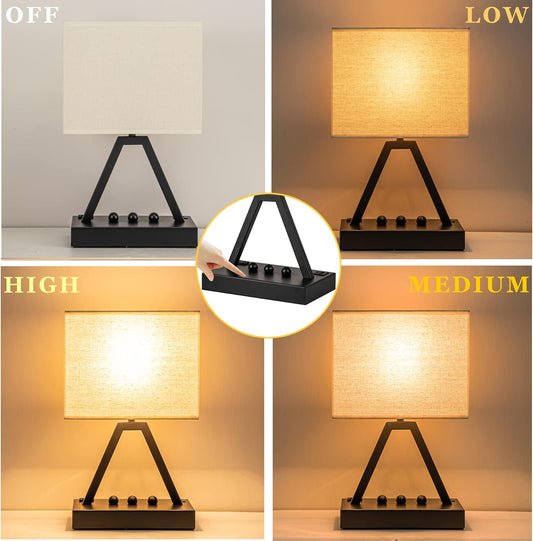 3-way touch dimming (low/medium/high) activated by tapping the metal base or pole